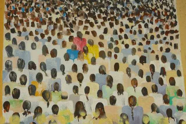 Bogota street art of a crowd of people