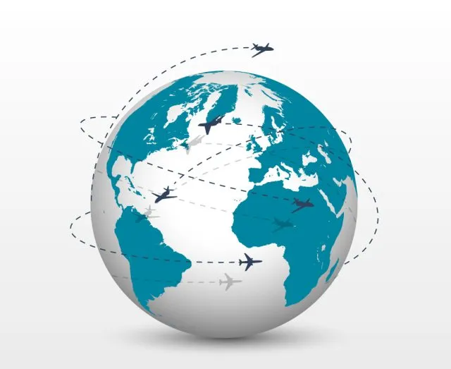 Digital global with aeroplanes flying round