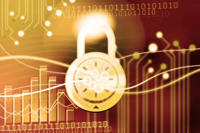 A gold padlock with binary code behind it