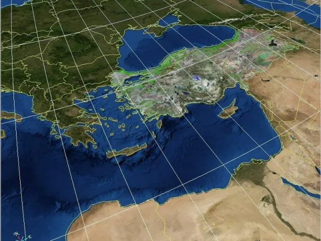 Map highlighting Turkey against it's land and sea borders
