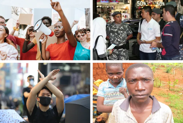 A gallery of people, one with a megaphone in a crowd, men talking to a soldier, someone with their arms raised and crossed and a man and boy