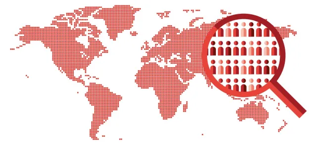 A digital map of the world with a magnifying glass showing people