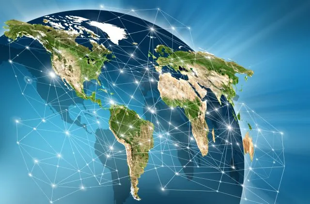 A world map on a technological background