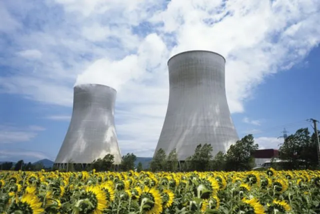 Industrial chimneys beyond a field of sunflowers