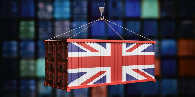 Shipping container with the Union Jack on it