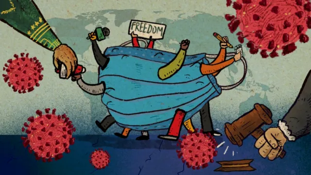 Limbs escaping from a face covering with the virus around them and a sign saying freedom
