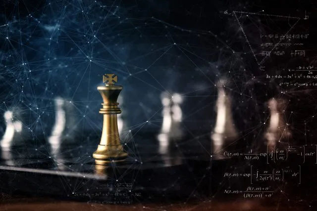 Chess pieces on a board., with connection points and formulas written over them.