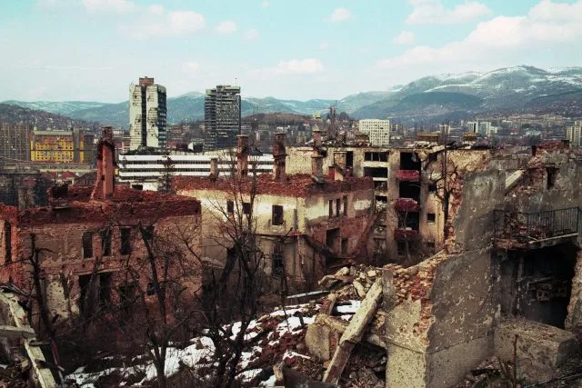 Damaged buildings in Sarajevo.