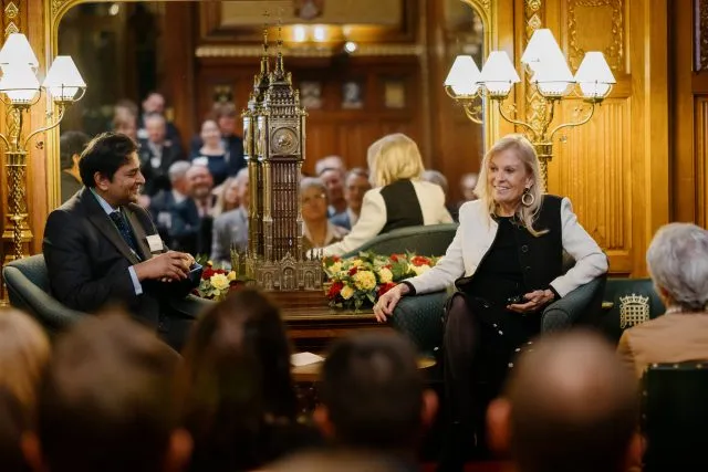 US Ambassador Jane Hartley sits for a fireside chat with Shanker Singham at a Wilton Park event in parliament.
