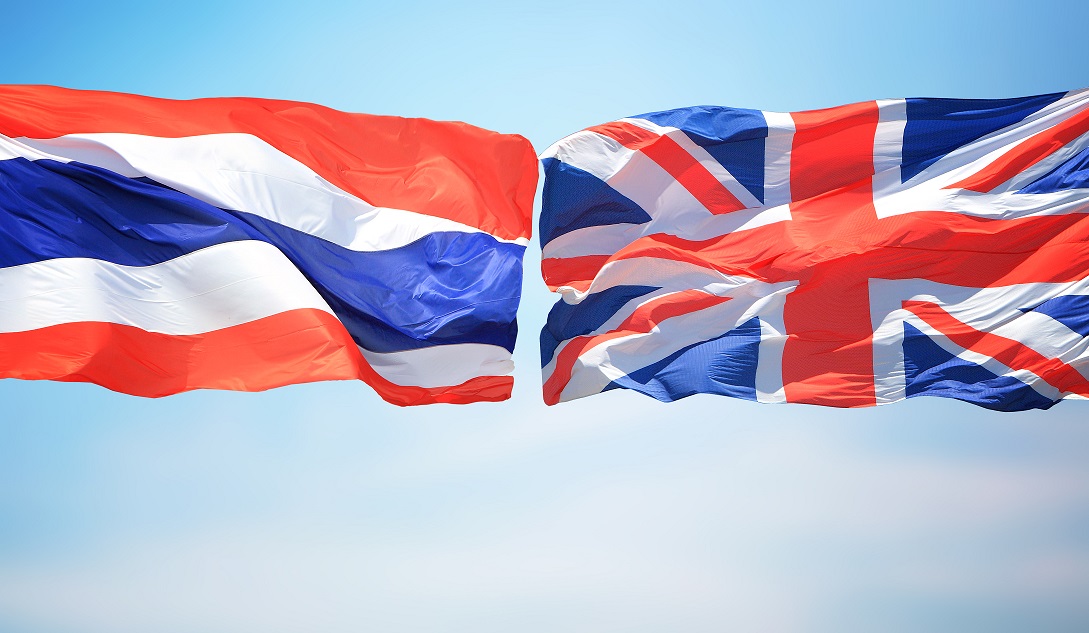 British,And,Thai,Flags,Amid,Blue,Skies