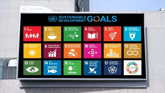 A billboard showing the sustainable development goals and explaining what they are.