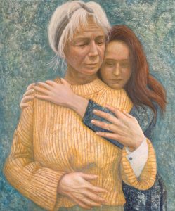 A portrait of Maria and Nadiia, a Ukrainian mother and duaghter, by Hannah Rose Thomas. Maria hugs her mother Nadiia.