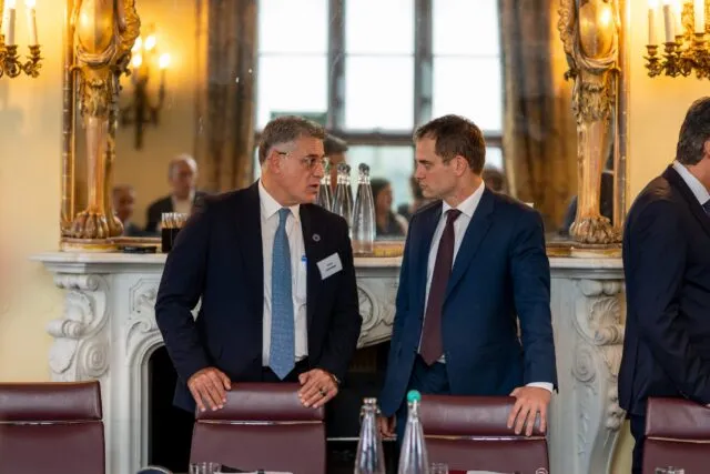 Hamish Falconer, MP speaks with H.E. Mr. Yahya Shunnar J. H, Governor of the Palestinian Monetary Authority