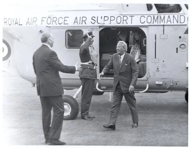 Edward Heath arrives at Wilton Park by helicopter.