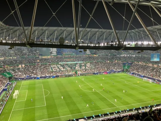 A large football pitch in Doha where Palestine is playing Syria