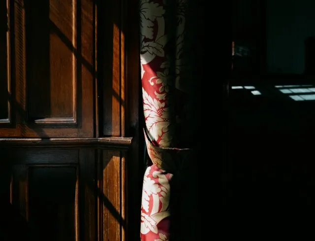 A richly patterned curtain hangs by wood panelling