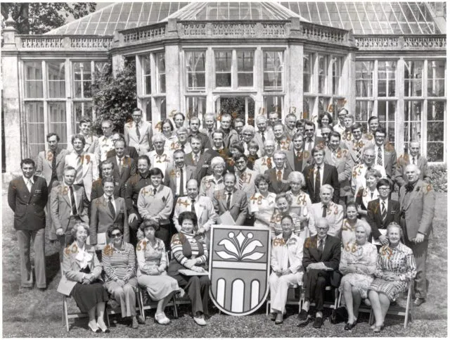 Black and white group photograph from Heinz Koeppler's final Wilton Park event in 1977