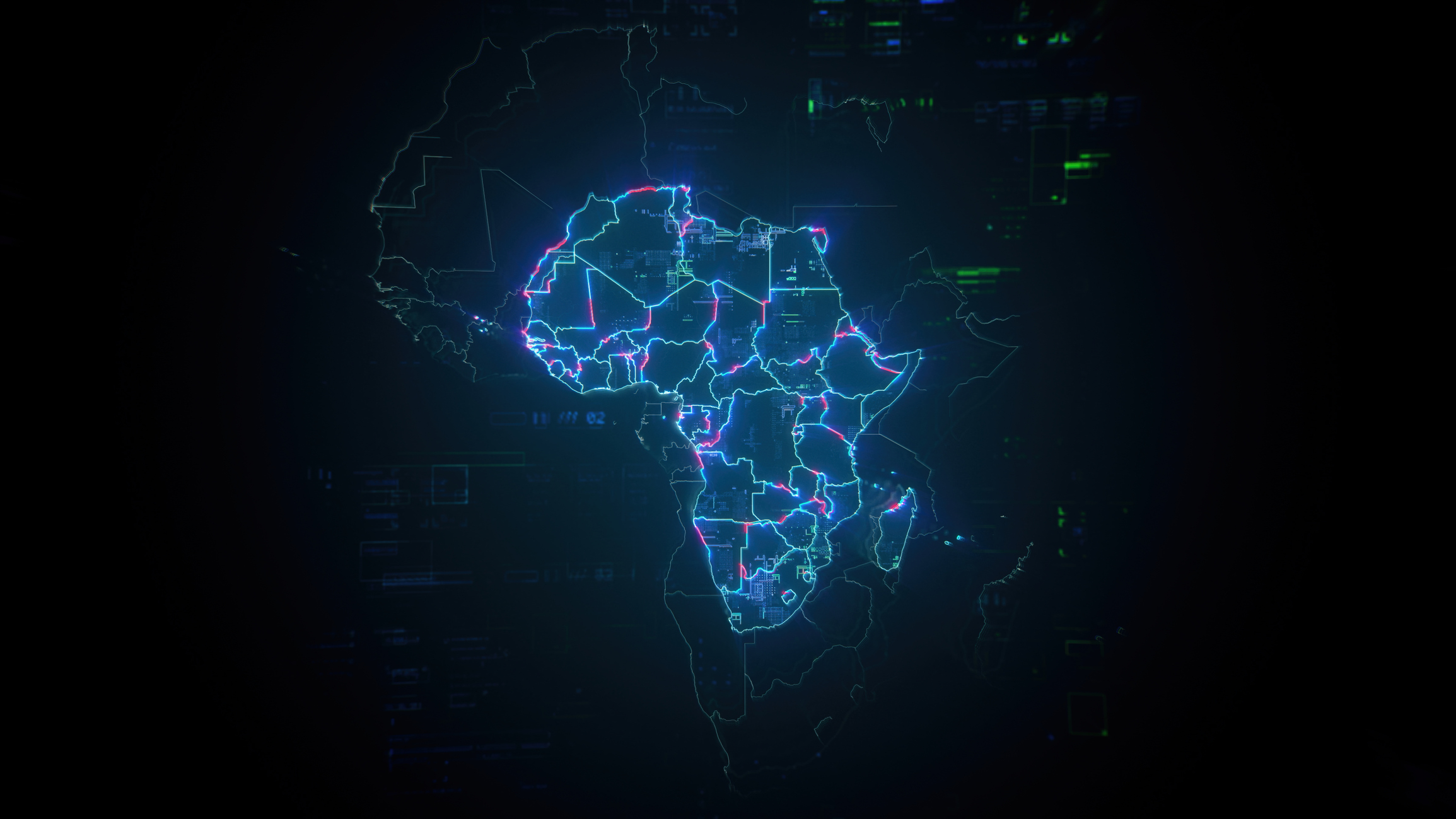 Map of Africa on dark digital background representing global communication and global finances