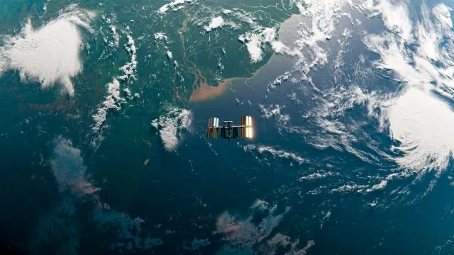 ISS orbiting over the end of the Amazon River. Top down view.