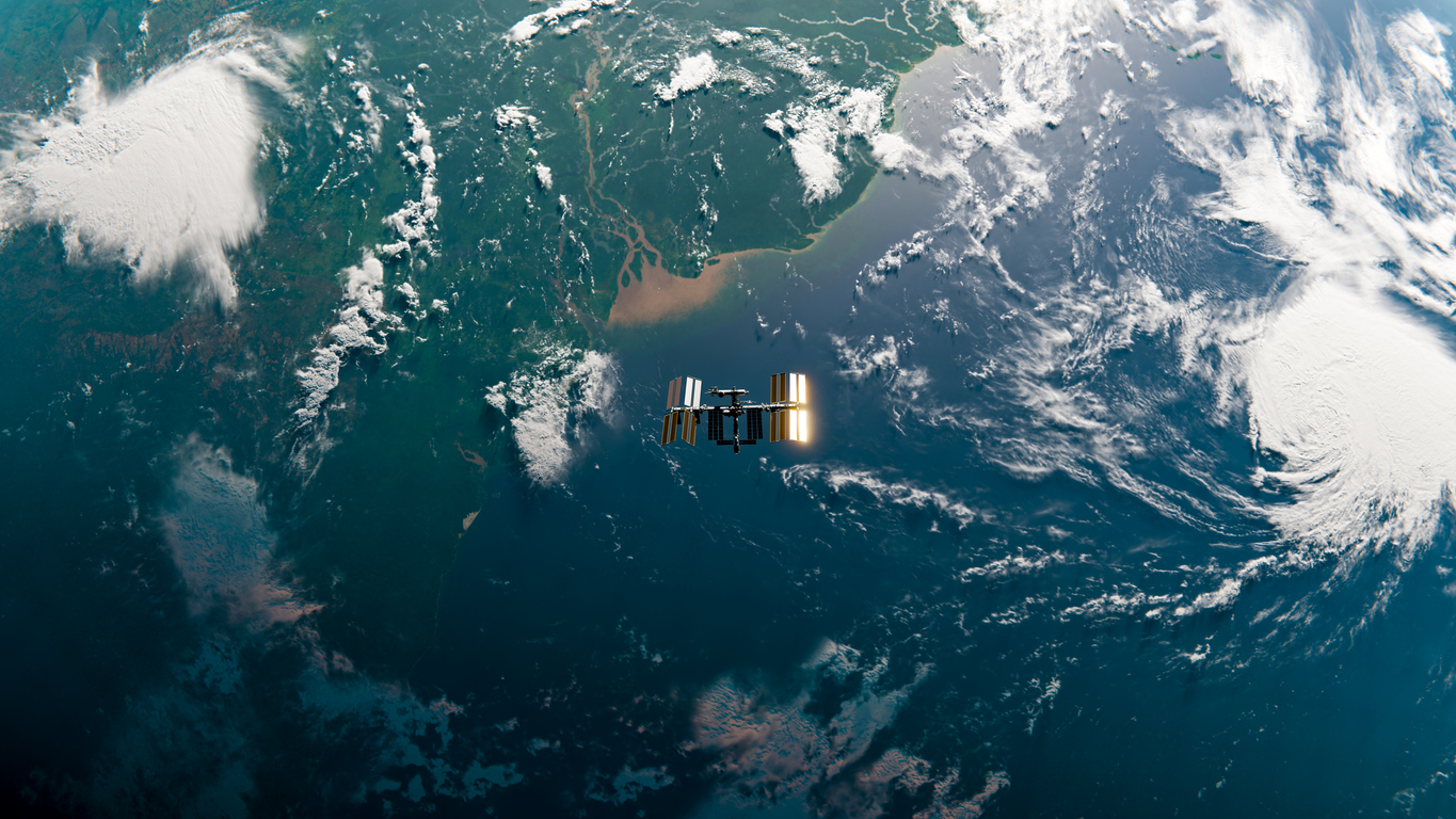 International Space Station (ISS) Orbit in Space over Amazon River – SpaceX & NASA Research – 3D Rendering