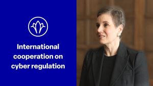 Nicole Primmer of Business at OECD speaks at Wilton Park. Text reads: International co-operation on cyber regulation