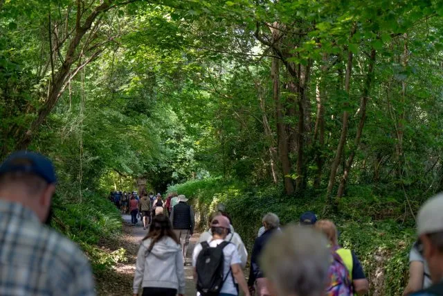 Colleagues and friends walk down a secluded road as part of annual charity walk.