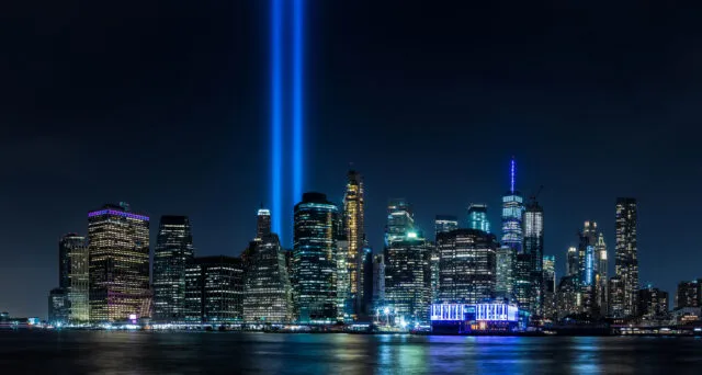 Light beacons shine into the night sky as a tribute to those killed in the 9/11 attacks.