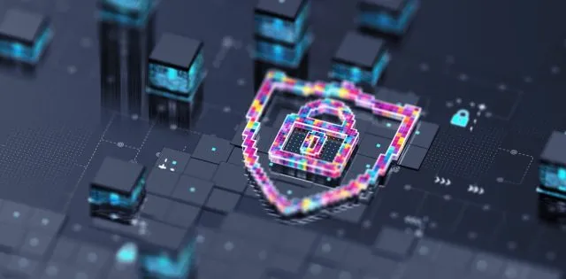 A colourful padlock and shield icon on a circuitboard