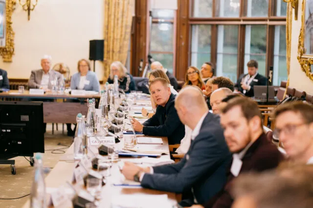 A participant speaking at the Wilton Park conference table.